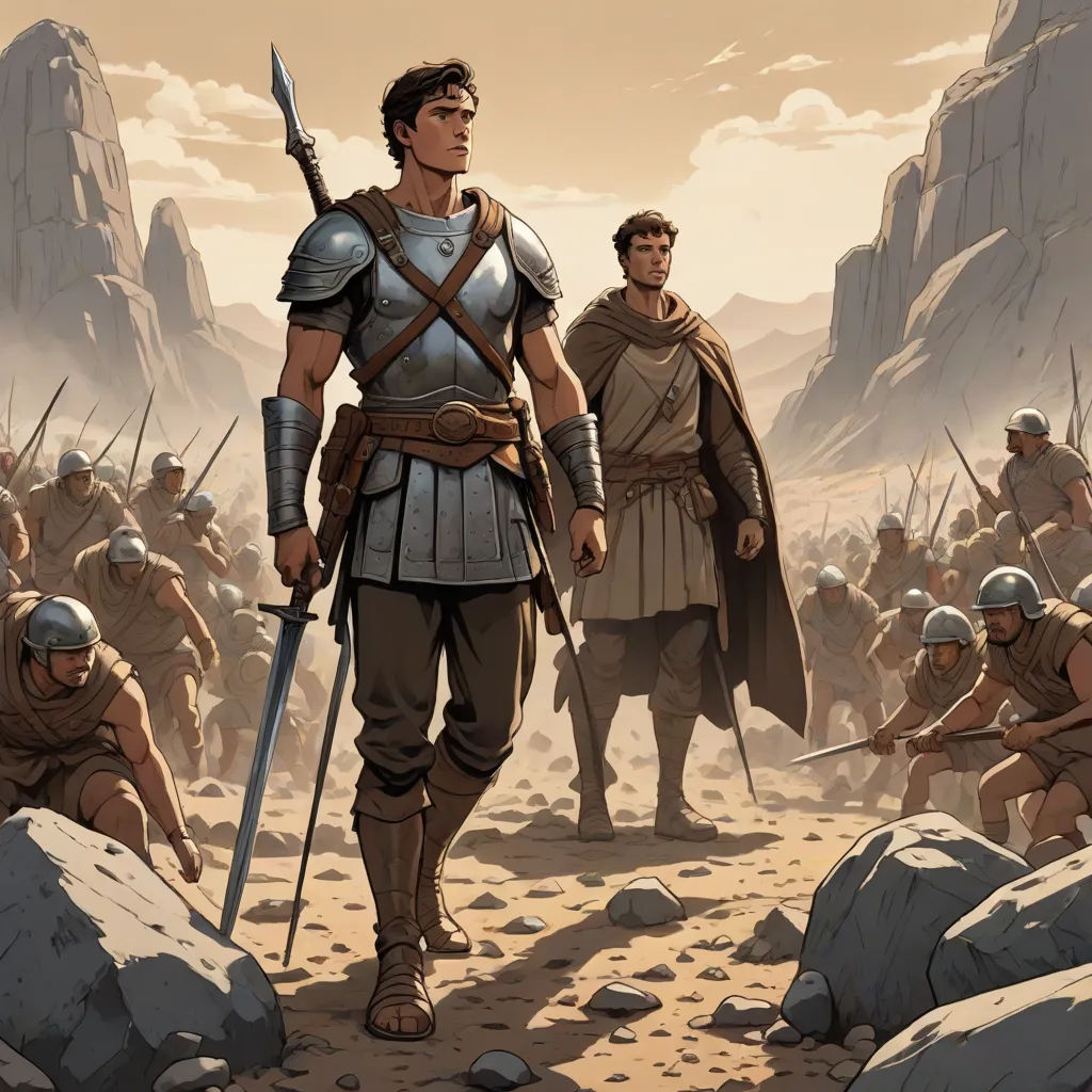 a painting of a man in armor standing in front of a group of men in desert land with mountains in the background, Brothers Hildebrandt, antipodeans, a comic book panel, graphic novel