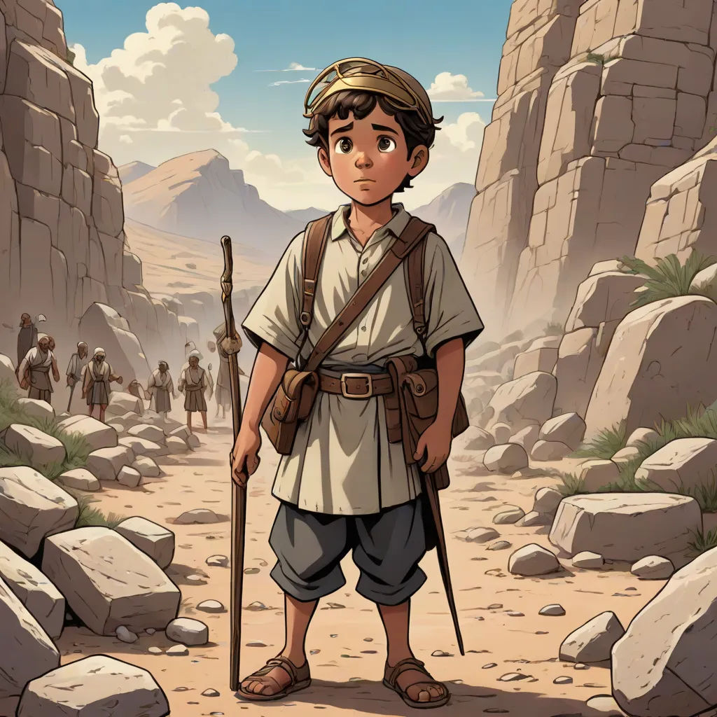 a boy with a stick and a backpack standing in the desert with a group of people behind him and rocks, Asaf Hanuka, process art, a comic book panel, graphic novel