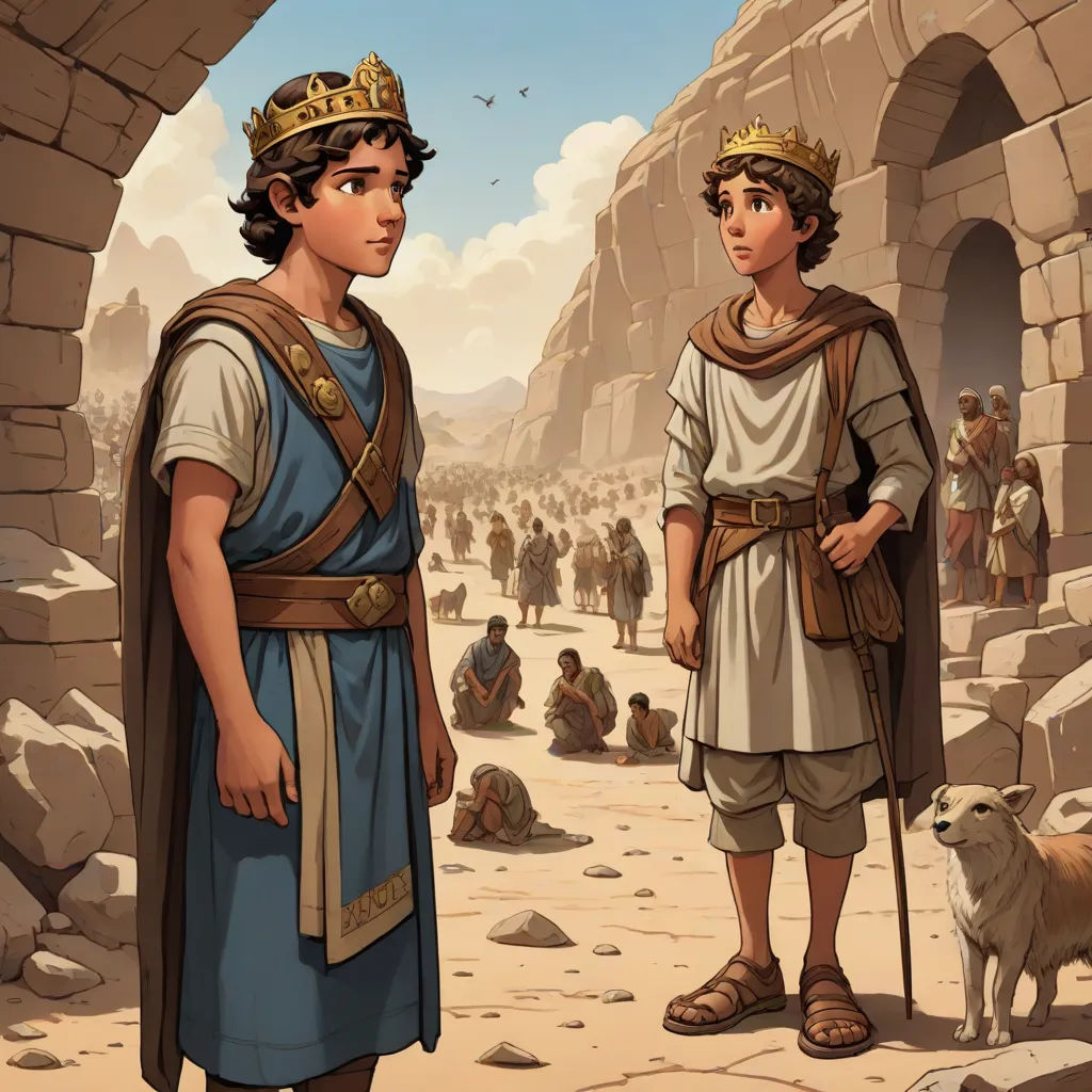 a painting of two men in ancient costumes standing in a desert area with a dog nearby and a crowd of people in the background, Brothers Hildebrandt, fantasy art, a storybook illustration, official art