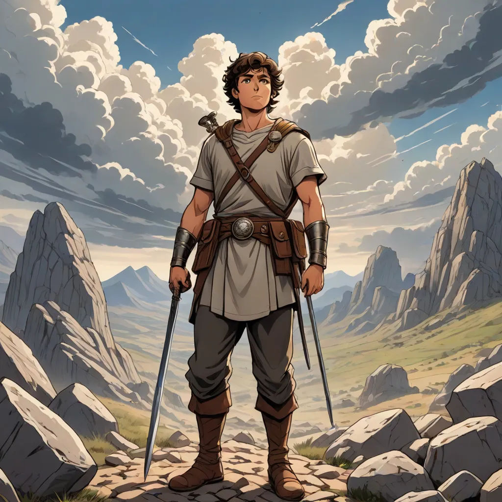 a man in a roman costume standing on a rocky hill with a sword in his hand and a mountain in the background, Cedric Seaut (Keos Masons), fantasy art, a character portrait, official art