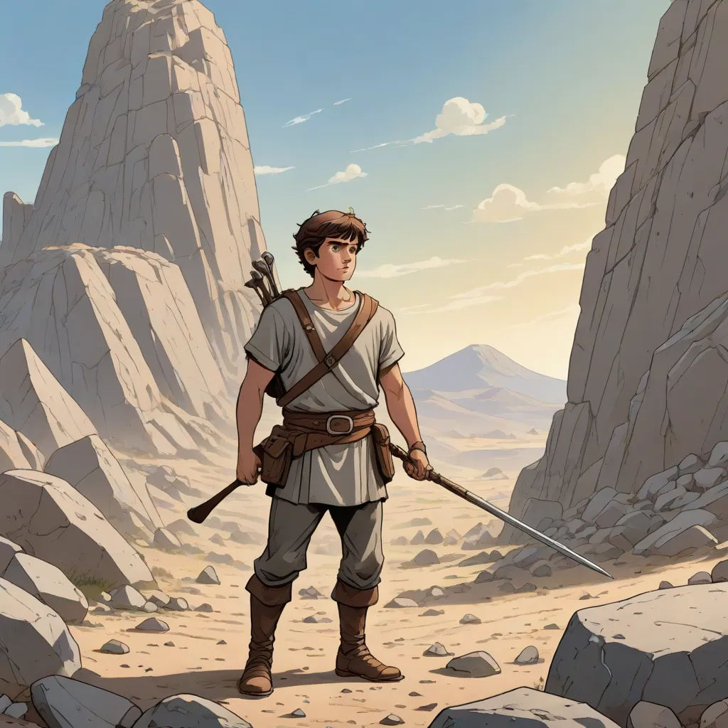 a man with a sword standing in the desert with rocks and boulders in the background, in the foreground is a mountain range, Cedric Seaut (Keos Masons), fantasy art, concept art, rossdraws global illumination