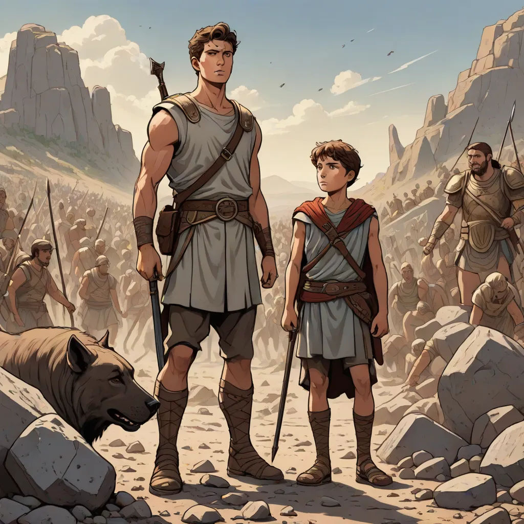 a man and a boy standing in front of a mountain with a bear on it's back and a dog on the ground, Clint Cearley, fantasy art, concept art, official art