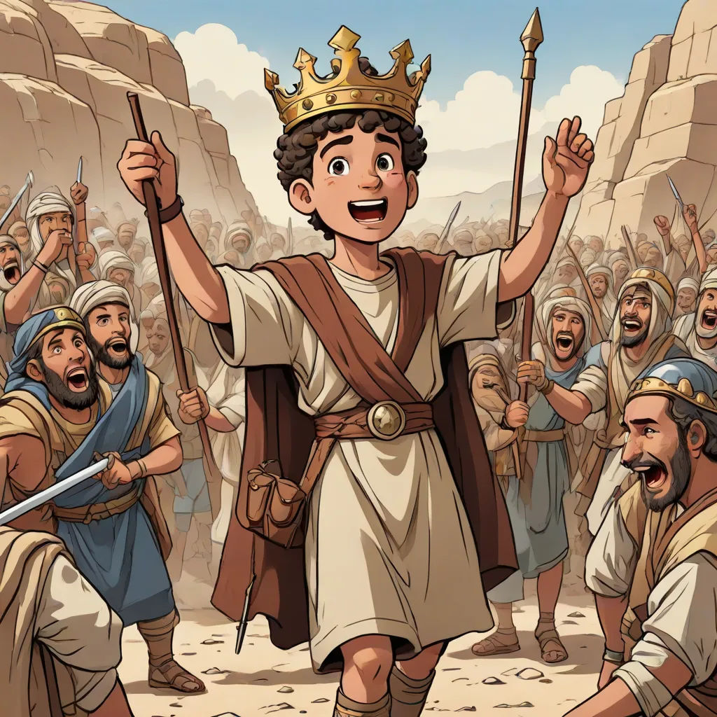 a cartoon of a man in a crown surrounded by other men in ancient costumes and holding a sword and a sword, Asaf Hanuka, sots art, a storybook illustration, official art