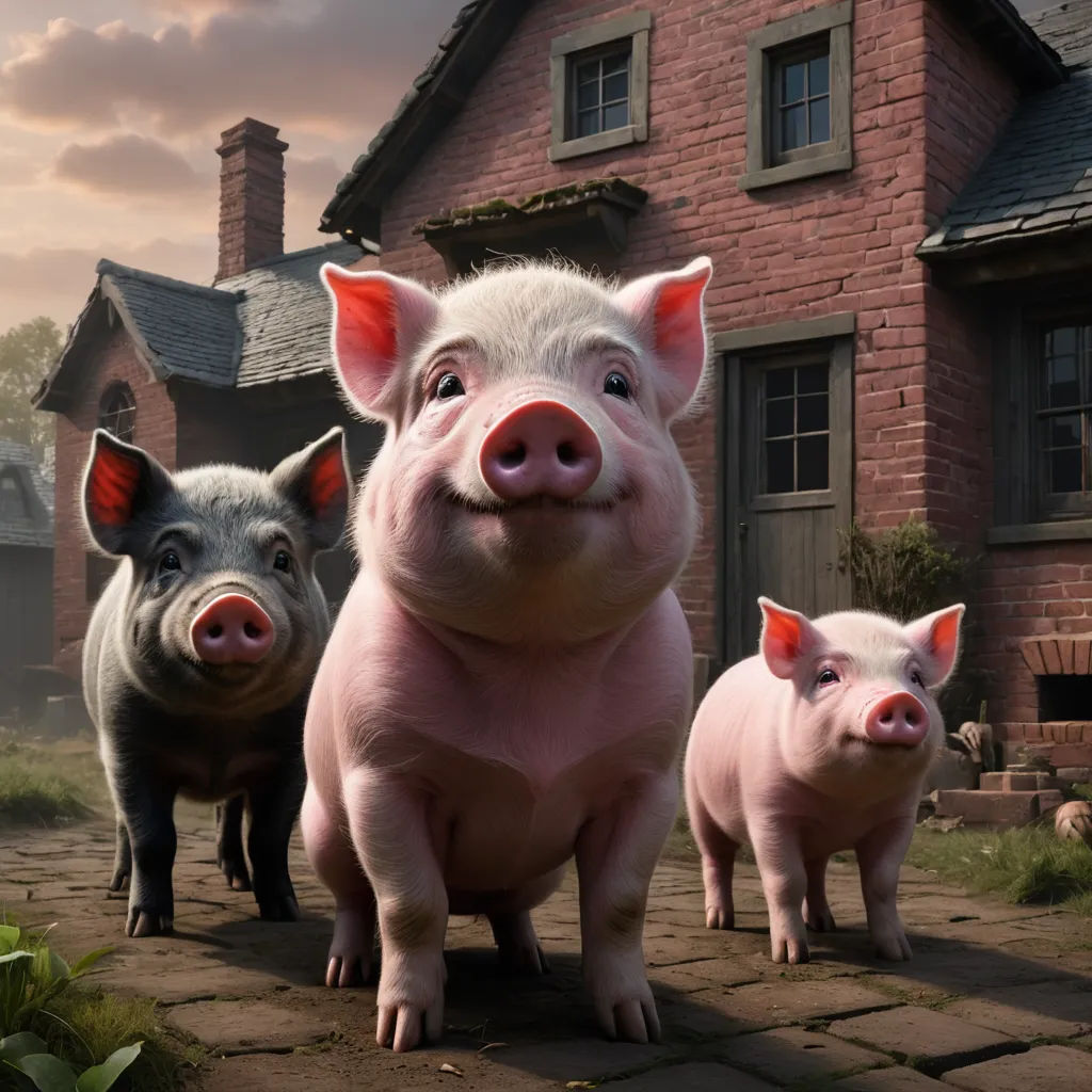 three pigs standing in front of a house with a pig on the ground in front of them and a pig on the ground behind them, magical realism, a detailed matte painting, David Young Cameron, weta digital