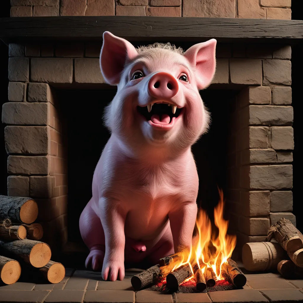 a pig sitting in front of a fireplace with firewood and logs around it, with a smiling face, photorealism, an ambient occlusion render, Clovis Trouille, weta digital
