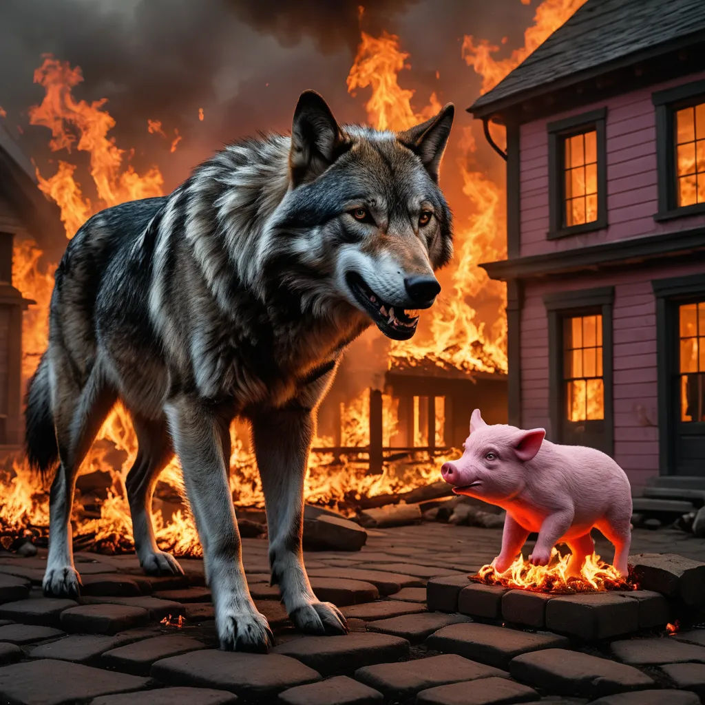 a wolf and a pig standing in front of a fire filled house with flames in the background and a pink house on fire, american scene painting, a storybook illustration, David LaChapelle, storybook illustration