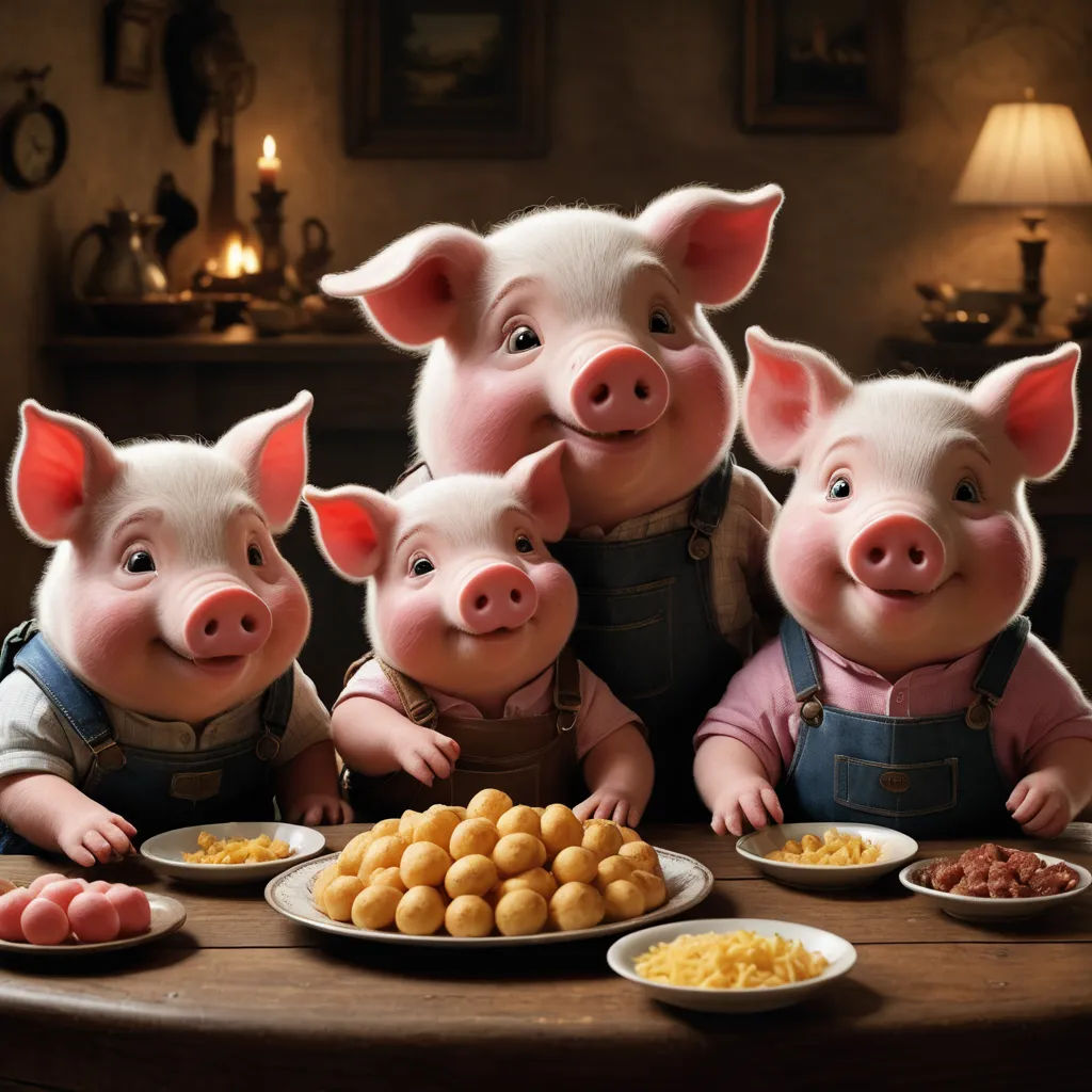 three pigs are standing in front of a table with food on it and plates of food on the table, fantastic realism, a storybook illustration, Beatrix Potter, cute and funny