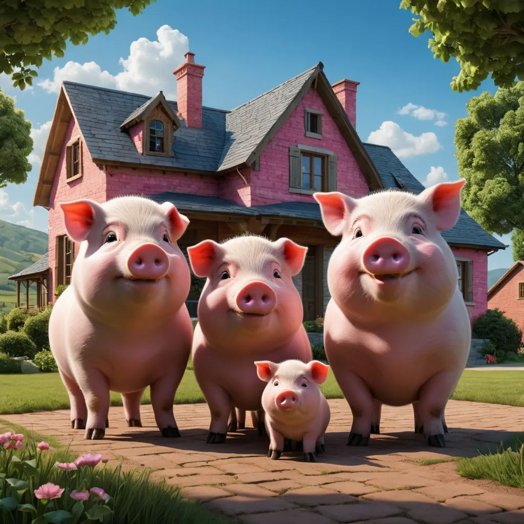 a group of pigs standing in front of a house with a pig on the ground in front of them, photorealism, an ambient occlusion render, David Young Cameron, promotional image
