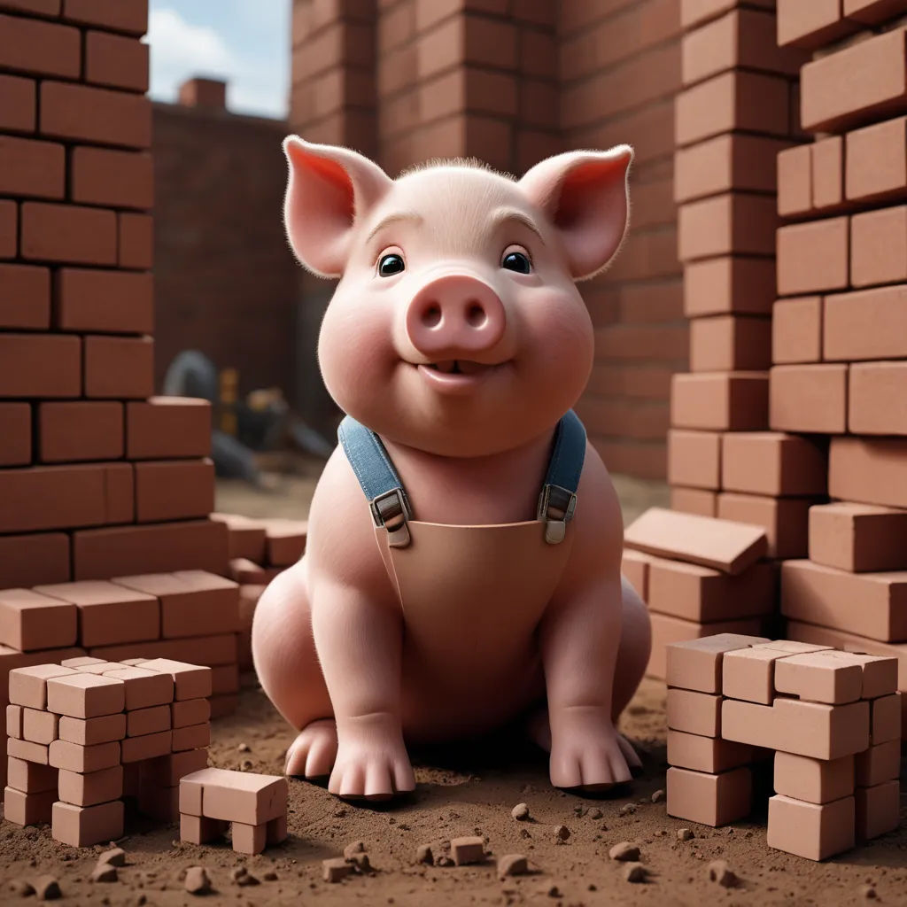 a pig sitting in front of a pile of bricks with a blue harness on it's neck and a brick wall in the background, photorealism, an ambient occlusion render, Chris LaBrooy, unreal engine render