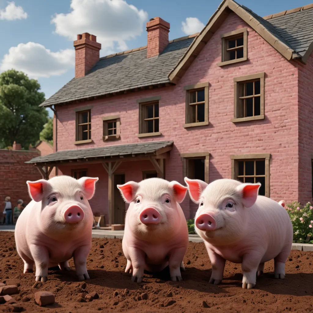three pigs standing in front of a house with a pink roof and two pink brick walls and two pink brick chimneys, fantastic realism, a storybook illustration, David Young Cameron, unreal engine render