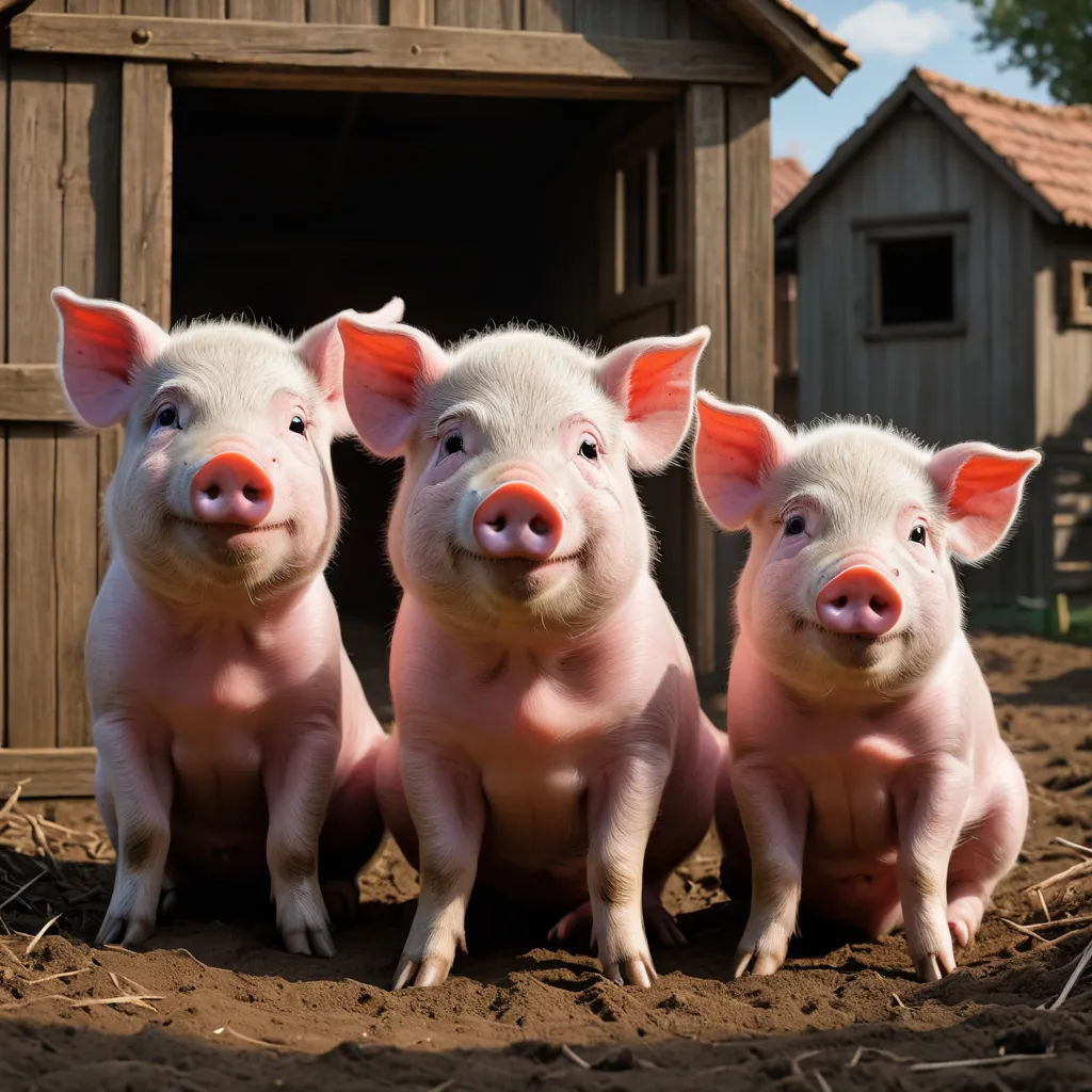 three little pigs sitting in the dirt near a barn and a shed with a door in the background and a few other pigs standing around, incoherents, a jigsaw puzzle, Clovis Trouille, animal photography