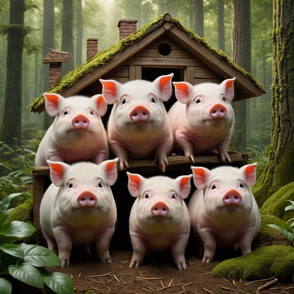 a group of pigs standing in front of a house in the woods with moss growing on the roof and roof, incoherents, a storybook illustration, David Martin, animal photography