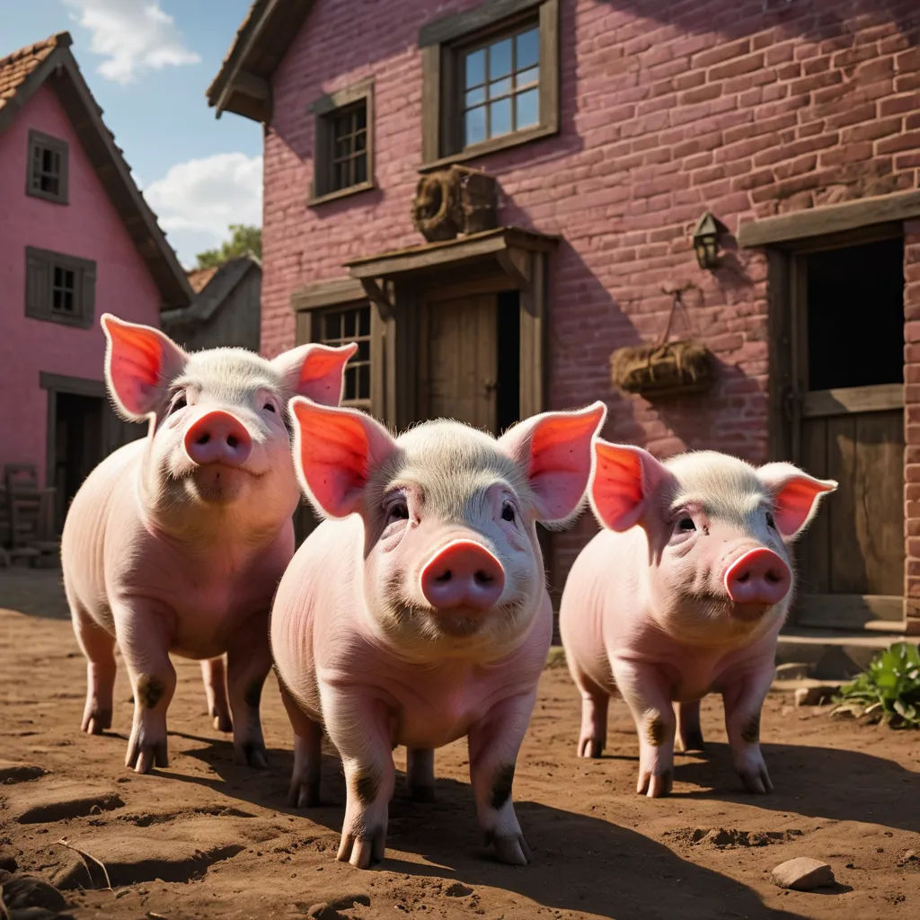 three pigs standing in front of a pink house with a pink roof and a pink brick wall and a pink brick building, magical realism, a detailed matte painting, David Young Cameron, weta digital