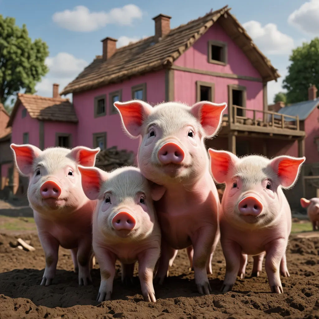 a group of pigs standing in front of a pink house with a pink roof and a pink house behind them, incoherents, a stock photo, Clovis Trouille, award - winning photography