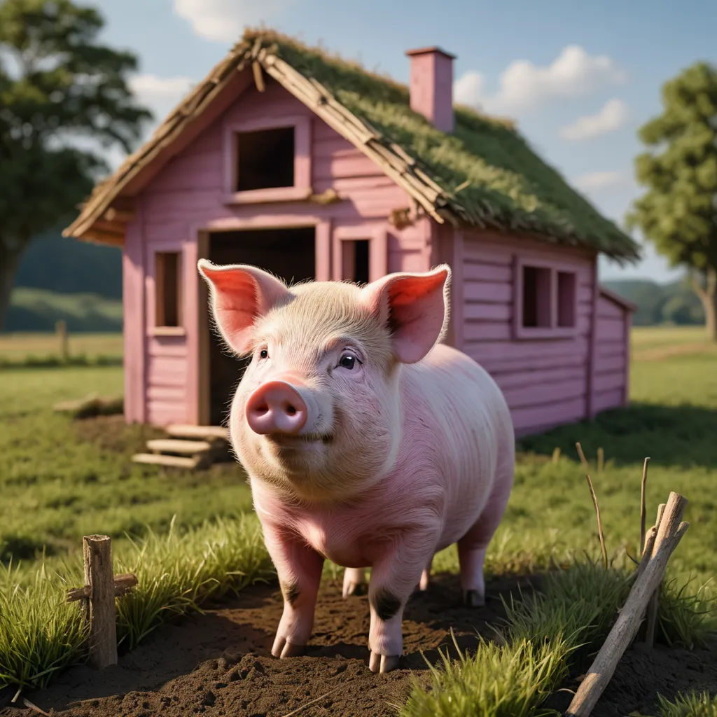 a pig standing in front of a pink house with a green roof and a pink roof and a pink roof, photorealism, a 3D render, Chris LaBrooy, vray render