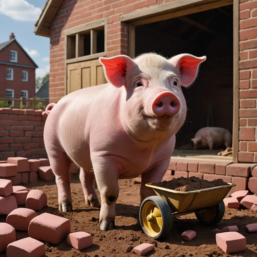 a pig standing next to a wheelbarrow in a yard with bricks and bricks surrounding it and a brick building in the background, hyperrealism, a 3D render, David Young Cameron, unreal engine render