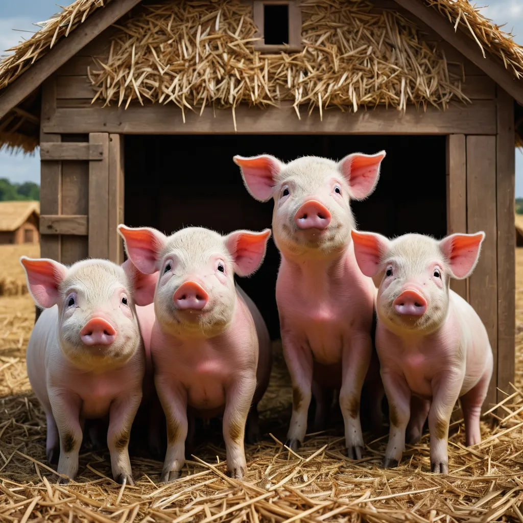 three little pigs standing in front of a hay hut with straw on the ground and hay on the roof, incoherents, a jigsaw puzzle, David Young Cameron, animal photography