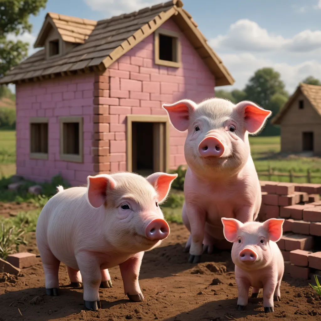 three pigs standing in the dirt near a pink house and a pink brick wall with a pink roof and a pink brick wall, photorealism, a 3D render, Chris LaBrooy, unreal engine render