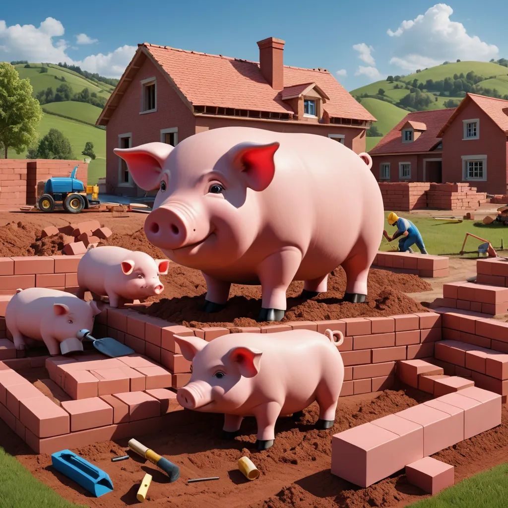 a pig and two pigs are in a yard with bricks and bricks around them and a house in the background, fantastic realism, a storybook illustration, Chris LaBrooy, hyper realistic