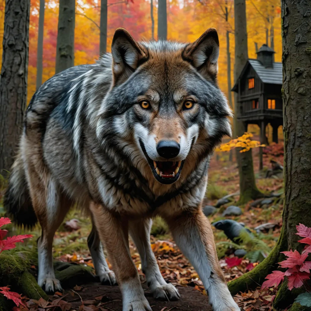 a wolf standing in the woods next to a tree house with a full moon in the background and a red maple tree, art photography, a storybook illustration, Caspar Wolf, animal photography