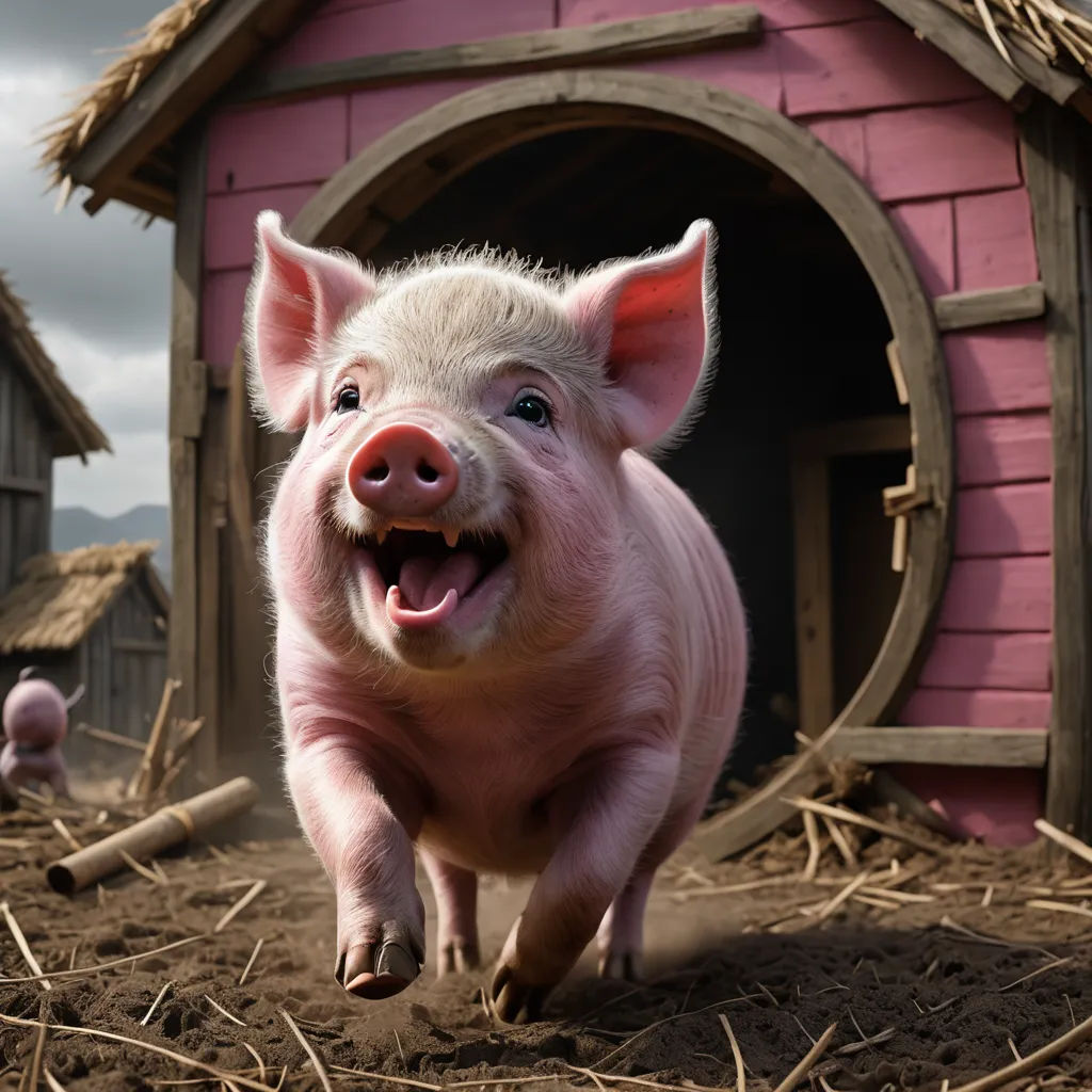 a pig running towards a pink house with a pig in the background and a pig in the foreground, photorealism, a detailed matte painting, David Young Cameron, weta digital