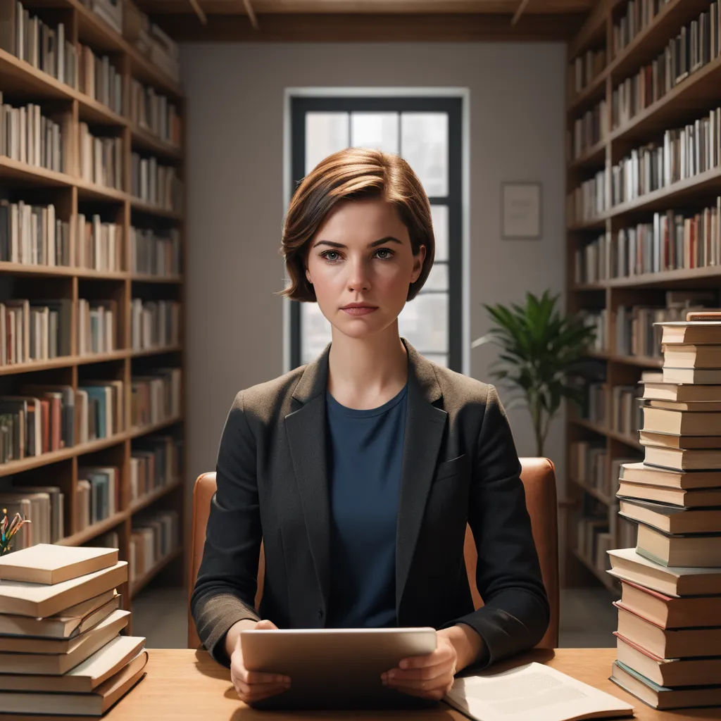 a woman sitting at a table in a library with a tablet computer in front of her and a stack of books behind her, academic art, a stock photo, Adrienn Henczné Deák, promotional image