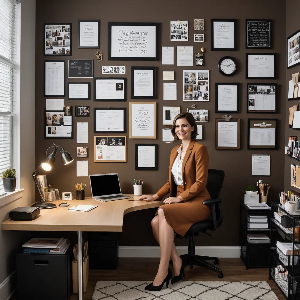 a woman sitting at a desk with a laptop computer in front of a wall of pictures and papers on the wall, private press, a stock photo, Claire Dalby, professional photo