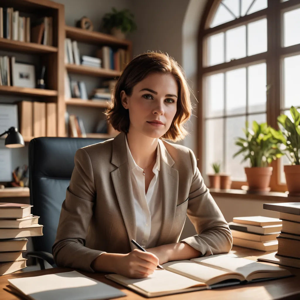 a woman sitting at a desk with a stack of books and a pen in her hand and a stack of books on the desk, academic art, a stock photo, Claire Falkenstein, portrait photography