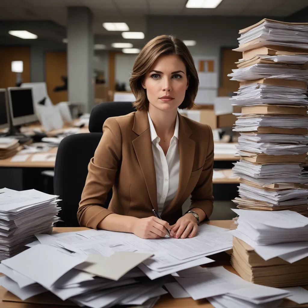 a woman sitting at a desk with stacks of papers in front of her and a pile of folders in front of her, institutional critique, a stock photo, Claire Falkenstein, promotional image