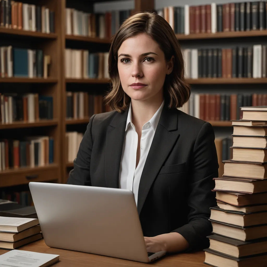 a woman sitting at a desk with a laptop in front of a stack of books and a stack of books behind her, academic art, a stock photo, Clarice Beckett, promotional image