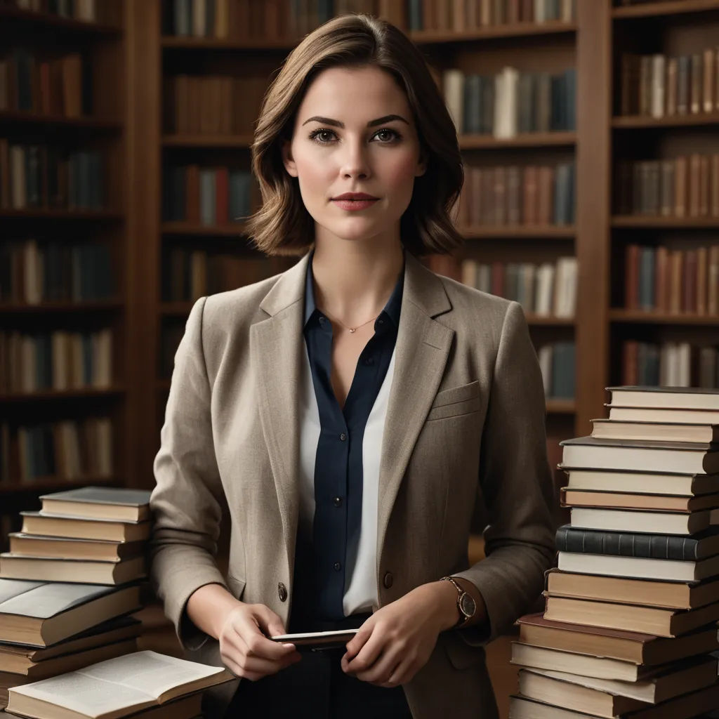 a woman standing in front of a large stack of books in a library holding a tablet computer and a pen, academic art, a character portrait, Christian Hilfgott Brand, professional