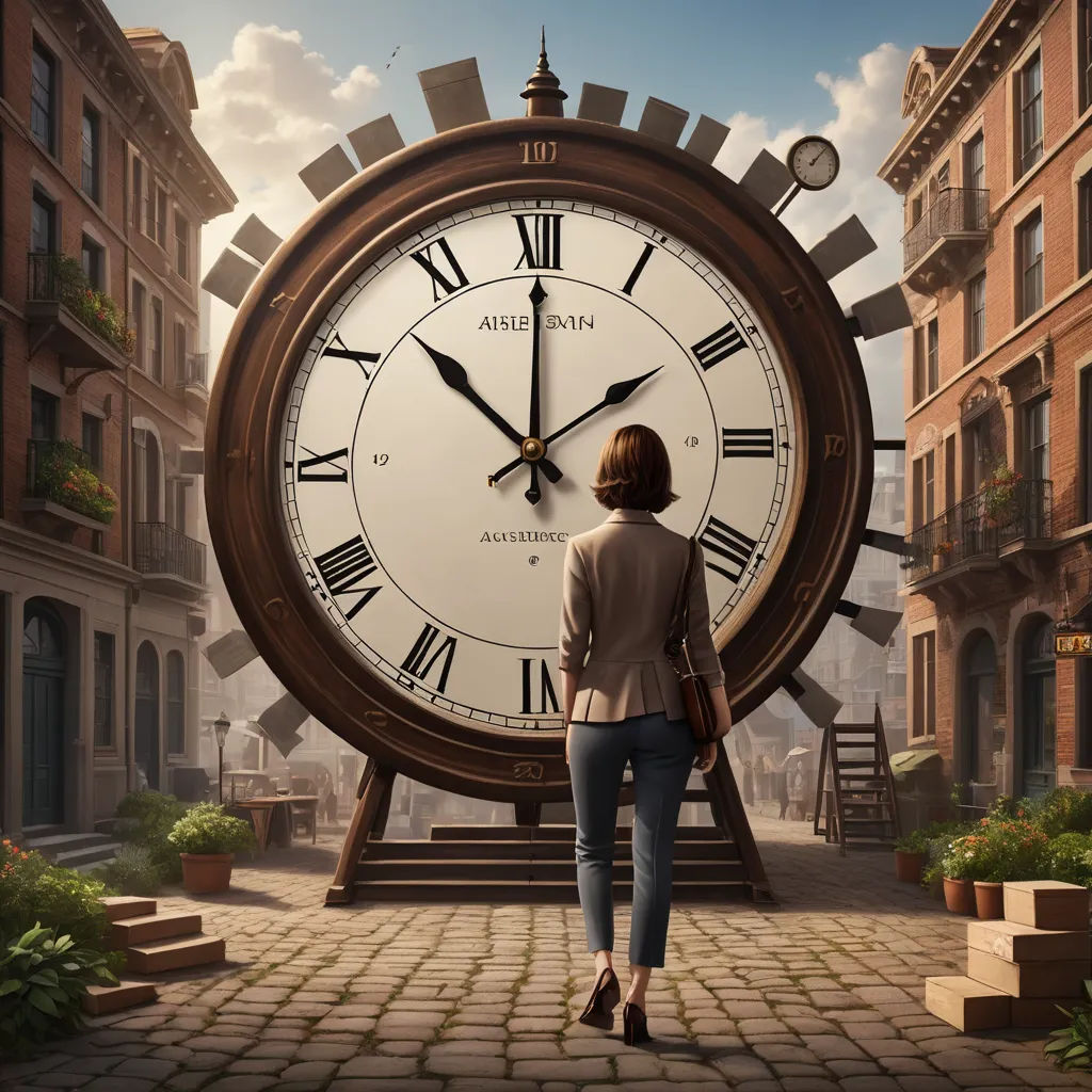 a woman walking past a giant clock in a city street with buildings and a sky background with clouds and sun, fantastic realism, a detailed matte painting, Chris LaBrooy, ultra realistic digital art