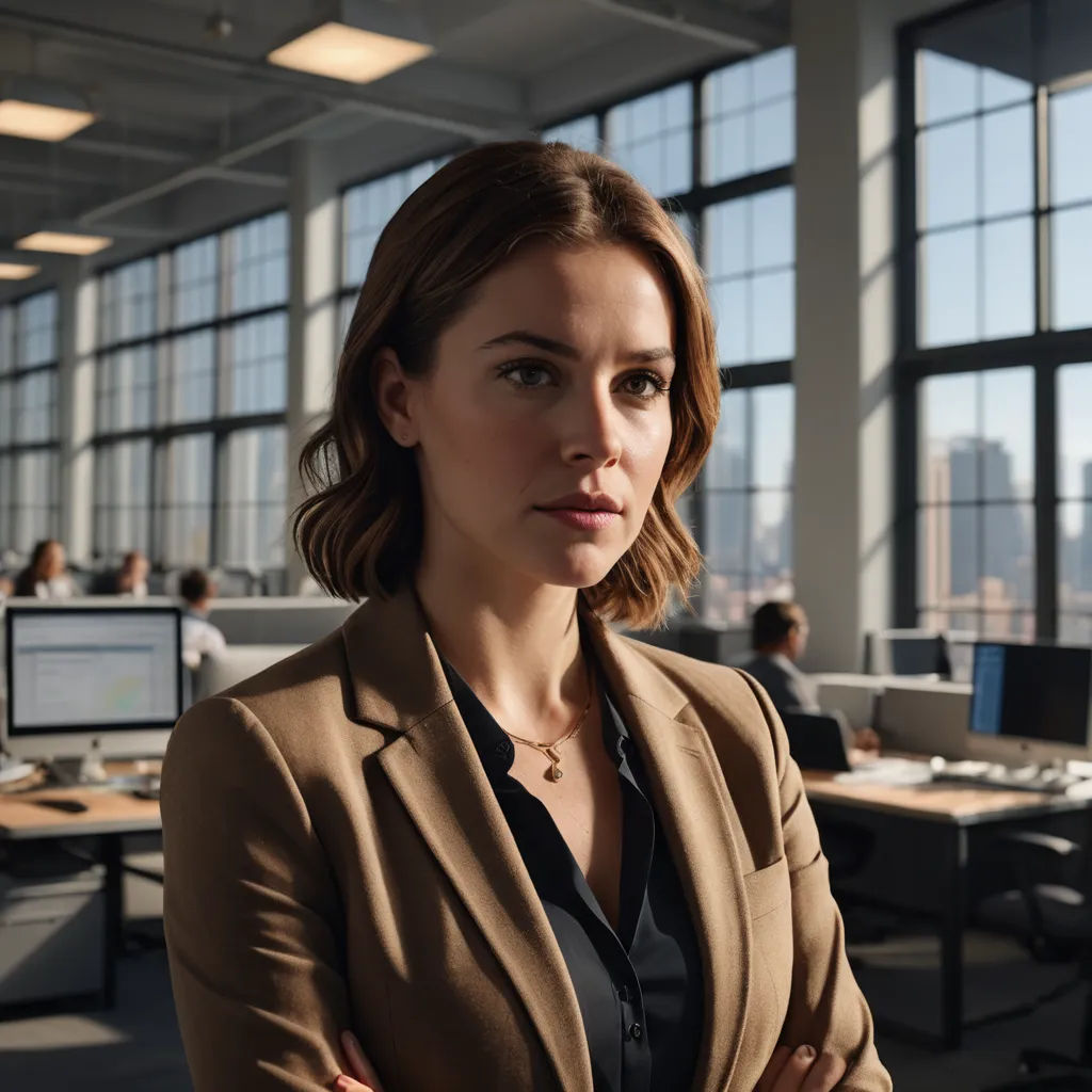 a woman in a suit standing in an office with her arms crossed and looking at the camera with a city view in the background, serial art, a stock photo, Barbara Greg, promotional image