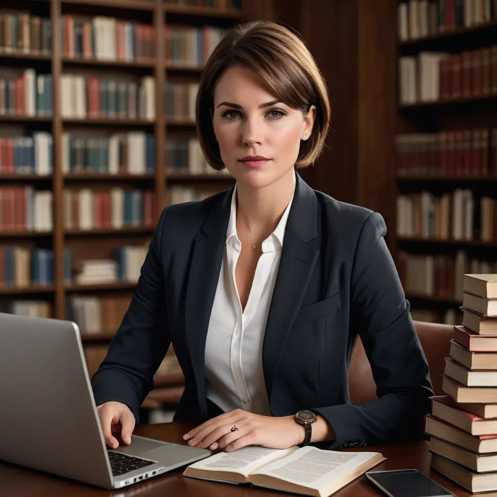 a woman sitting at a desk with a laptop and books in front of her, in a library with bookshelves, academic art, a stock photo, Adrienn Henczné Deák, professional
