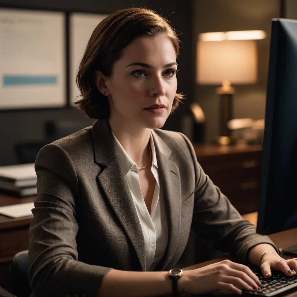 a woman sitting at a desk with a computer in front of her, looking at the camera, with a serious look on her face, computer art, a stock photo, Barbara Greg, promotional image