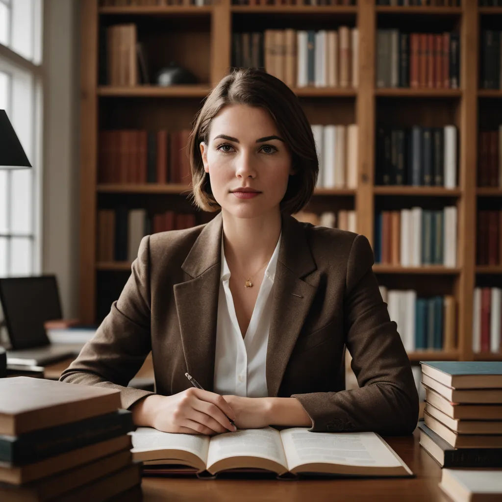 a woman sitting at a desk with a book in front of her and a lamp on the side of the table, academic art, a stock photo, Claire Falkenstein, j. c. leyendecker 8 k