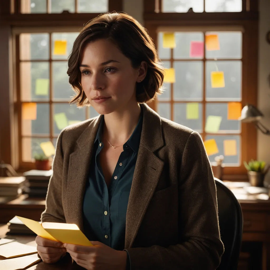 a woman sitting at a desk with a folder in her hand and a folder in her other hand, in front of a window, academic art, a still life, Constance Gordon-Cumming, promotional image