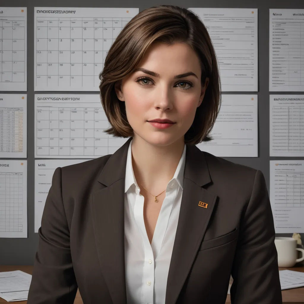 a woman in a business suit sitting at a desk with a calendar on the wall behind her and a cup of coffee in front of her, arbeitsrat für kunst, a stock photo, Caro Niederer, promotional image
