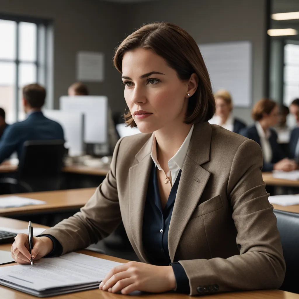 a woman sitting at a desk with a pen and paper in her hand and a notebook in front of her, institutional critique, a stock photo, Claire Falkenstein, hard focus