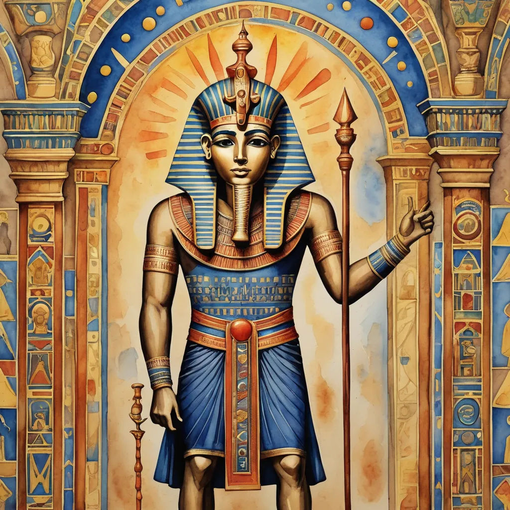 a painting of an egyptian pharaoh holding a staff and a staff of fire in his hand, with a gold and blue background, afrofuturism, egyptian art, Edward Otho Cresap Ord, II, highly detailed digital art