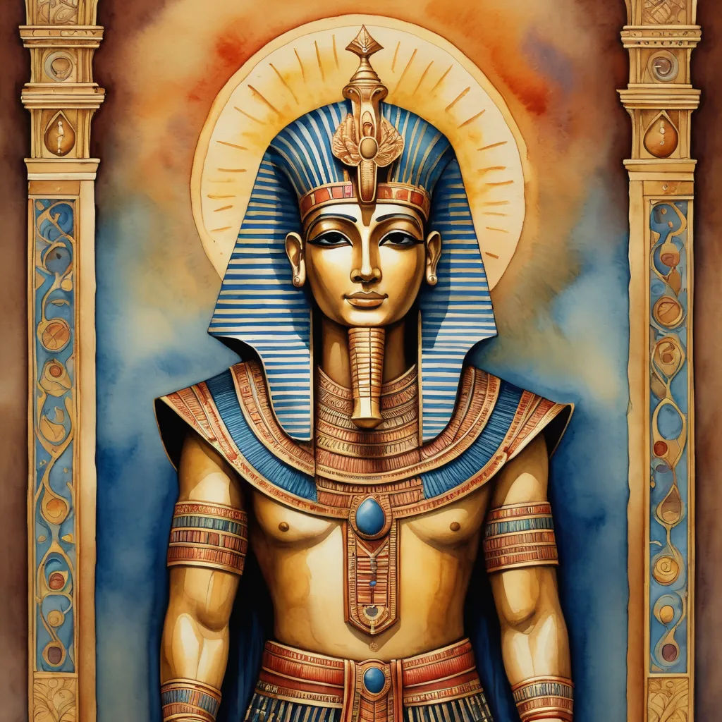 a painting of a pharaoh with a golden crown on his head and a blue and gold background with a gold border, afrofuturism, egyptian art, Altichiero, highly detailed digital art