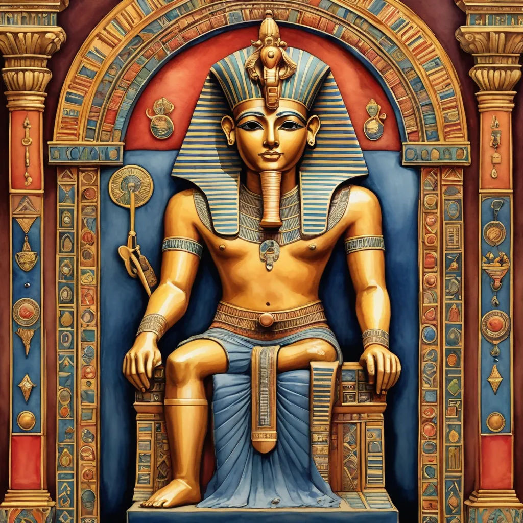 a statue of an egyptian pharaoh sitting on a throne with a sword in his hand and a cross in his other hand, afrofuturism, egyptian art, Charles Ginner, highly detailed digital art
