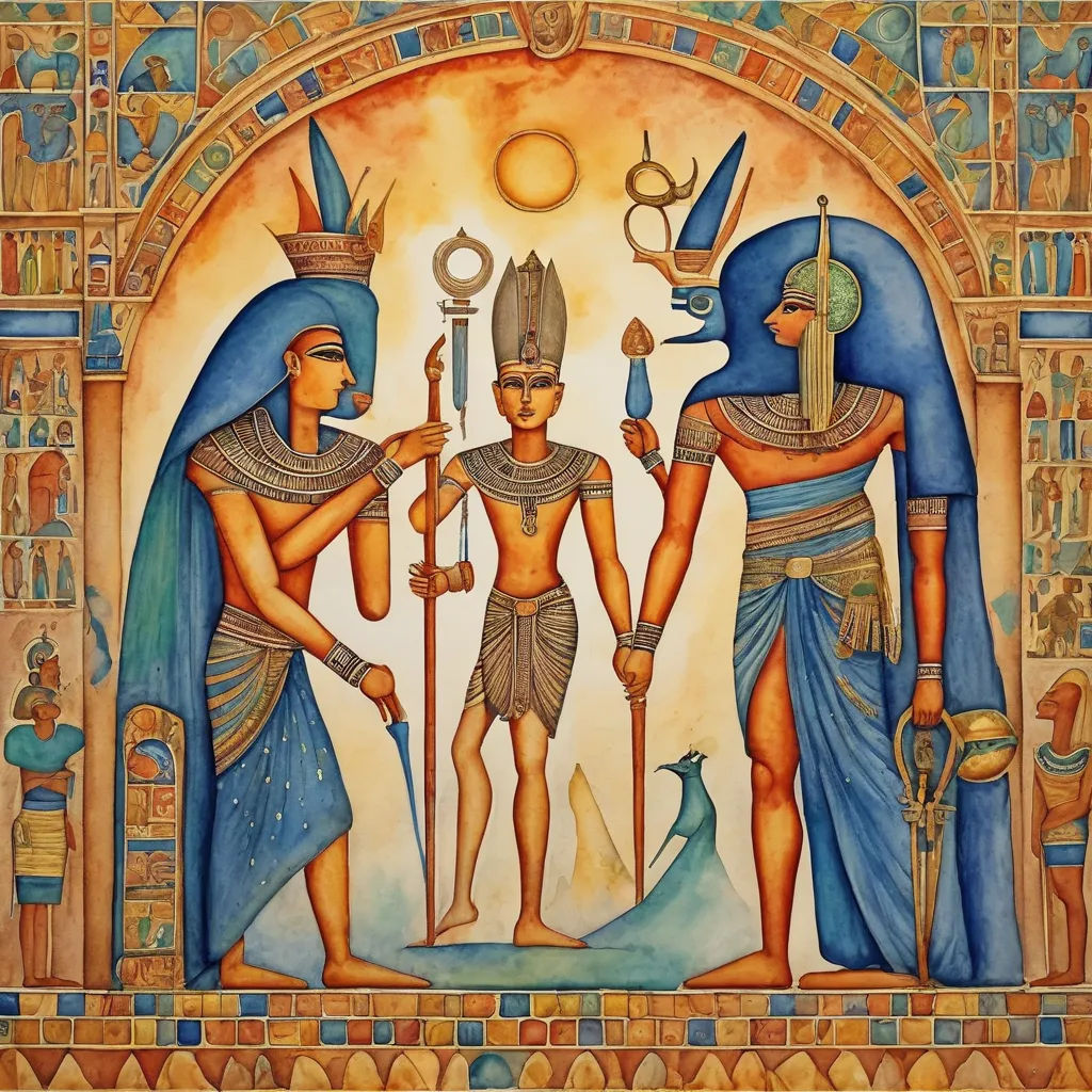 a painting of egyptian men with a sword and a bird on a wall with a sun in the background, metaphysical painting, egyptian art, Edward Otho Cresap Ord, II, detailed painting