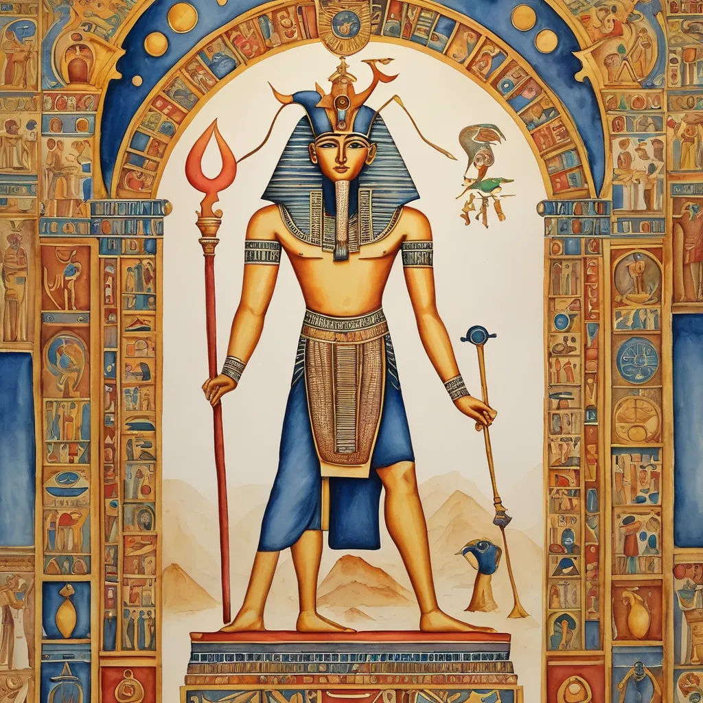 a painting of an egyptian god with a staff and a staff of fire in his hand and a staff of fire in his other hand, metaphysical painting, egyptian art, Edward Otho Cresap Ord, II, painting