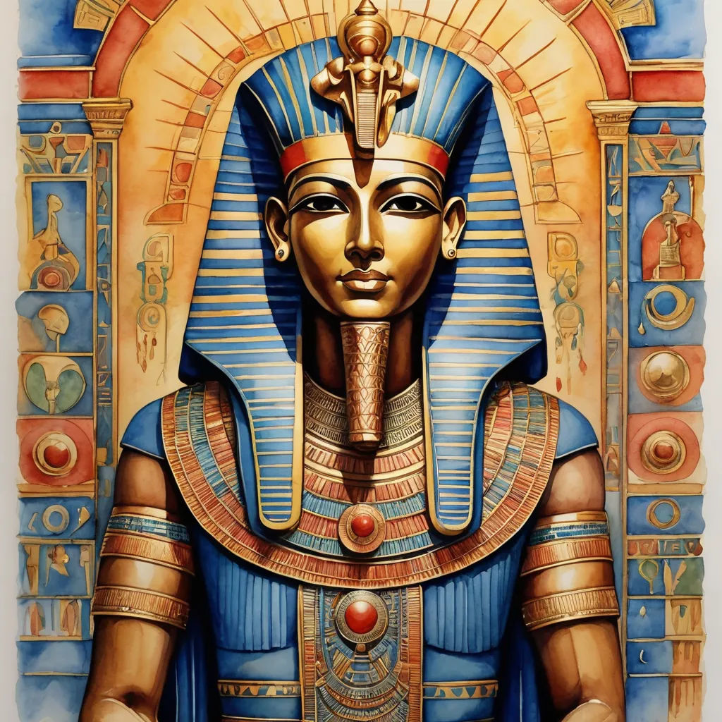 a painting of an egyptian pharaoh with a golden crown on his head and a blue body with gold details, afrofuturism, egyptian art, Drew Struzan, highly detailed oil painting