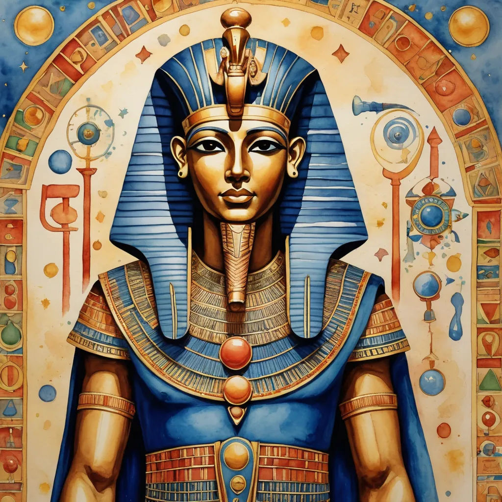 a painting of an egyptian pharaoh with a golden crown and a blue body and gold accents on it's chest, afrofuturism, egyptian art, Altichiero, highly detailed digital art