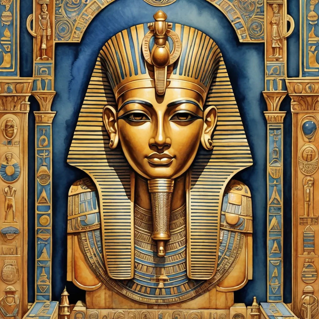 a painting of an egyptian pharaoh with a golden mask on it's face and a blue background with gold details, fantasy art, egyptian art, Edward Otho Cresap Ord, II, highly detailed digital art