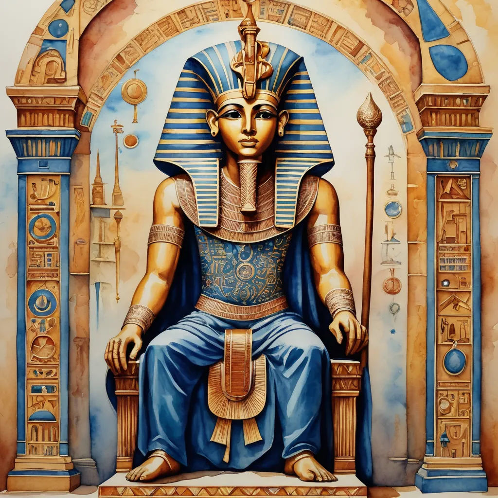 a painting of an egyptian pharaoh sitting in a chair with a lamp on his knee and a large golden mask on his head, afrofuturism, egyptian art, Altichiero, highly detailed digital art