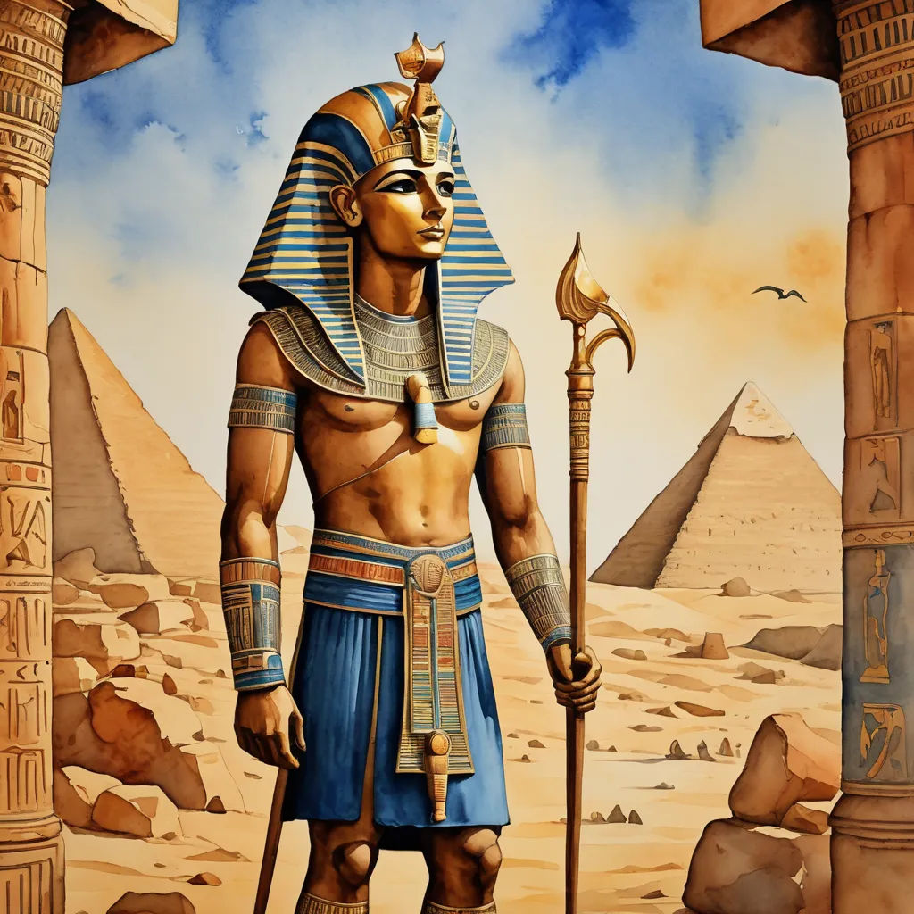 a painting of a egyptian pharaoh standing in front of a pyramid with a staff and a staff of fire, fantasy art, egyptian art, Altichiero, highly detailed digital painting