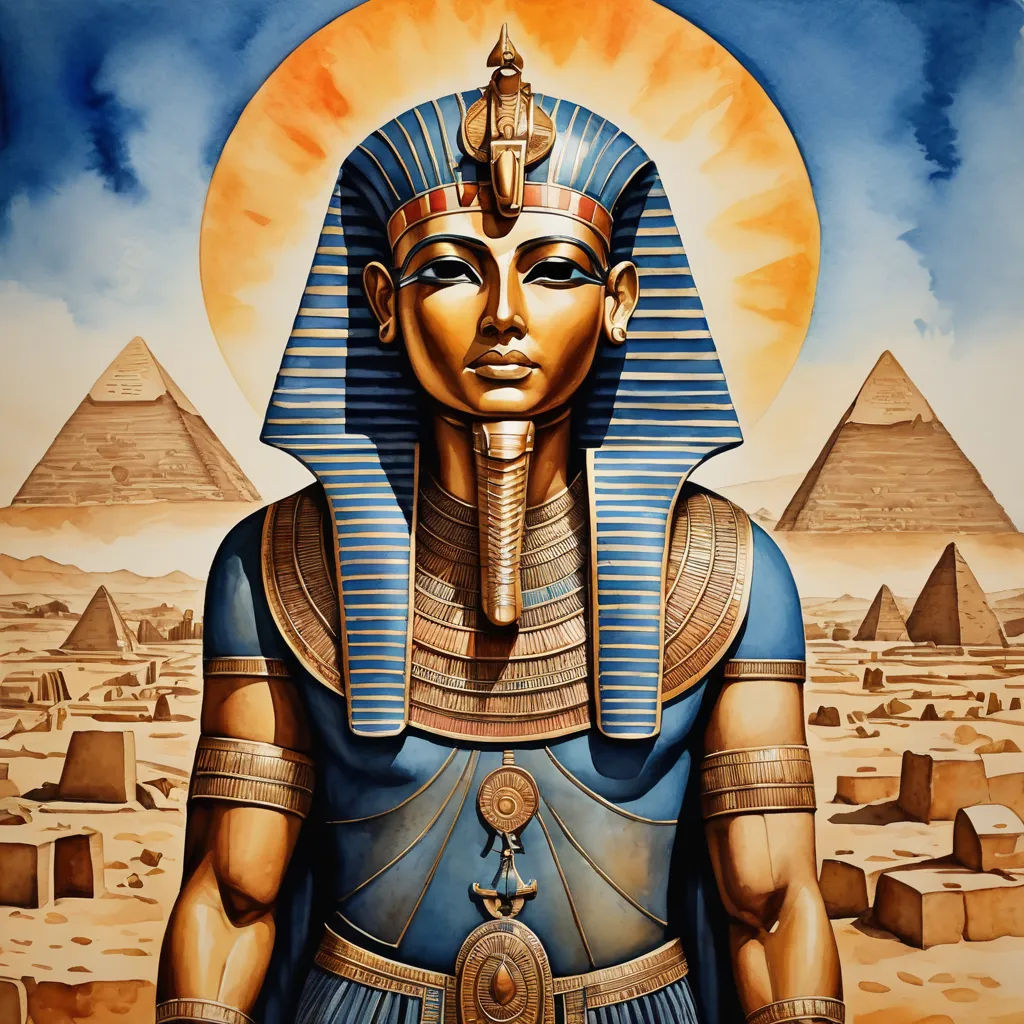 a painting of an egyptian pharaoh with pyramids in the background and a sun in the sky above it, afrofuturism, egyptian art, Altichiero, highly detailed digital art